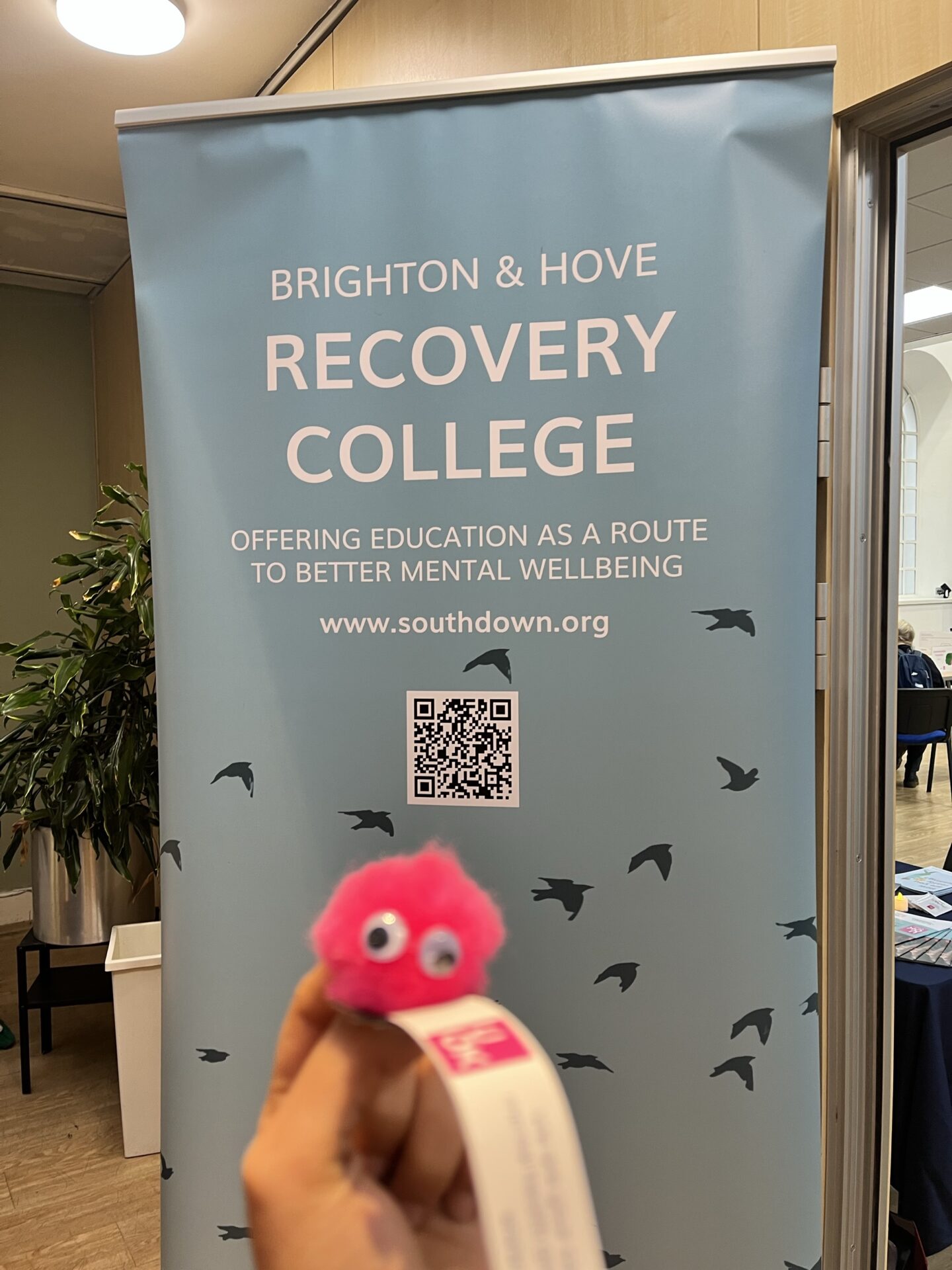 A banner for Brighton & Hove Recovery College, which reads: "Offering education as a route to better mental wellbeing – www.southdown.org" with a QR code in the centre. In front of the banner, a hand holds a small pink fluffy character with googly eyes and a white paper tag, which has UOK branding on it.