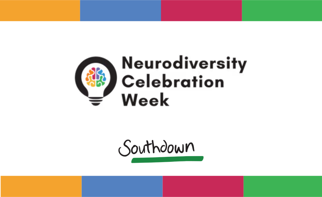 Neurodiversity Celebration Week logo in blank font on white background with stripes of yellow