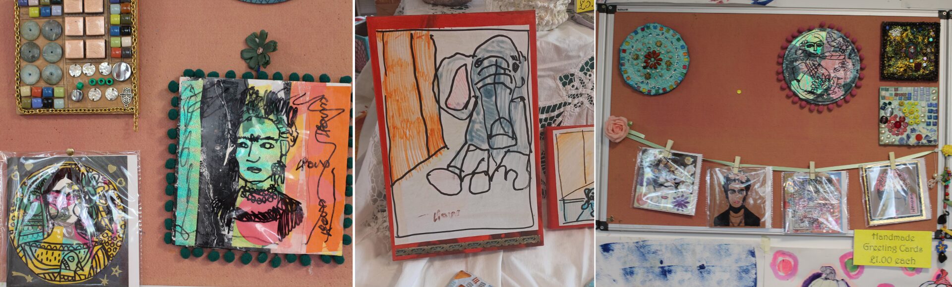 A display on the wall with art pieces created by our clients at learning disability service of Bradbury Court