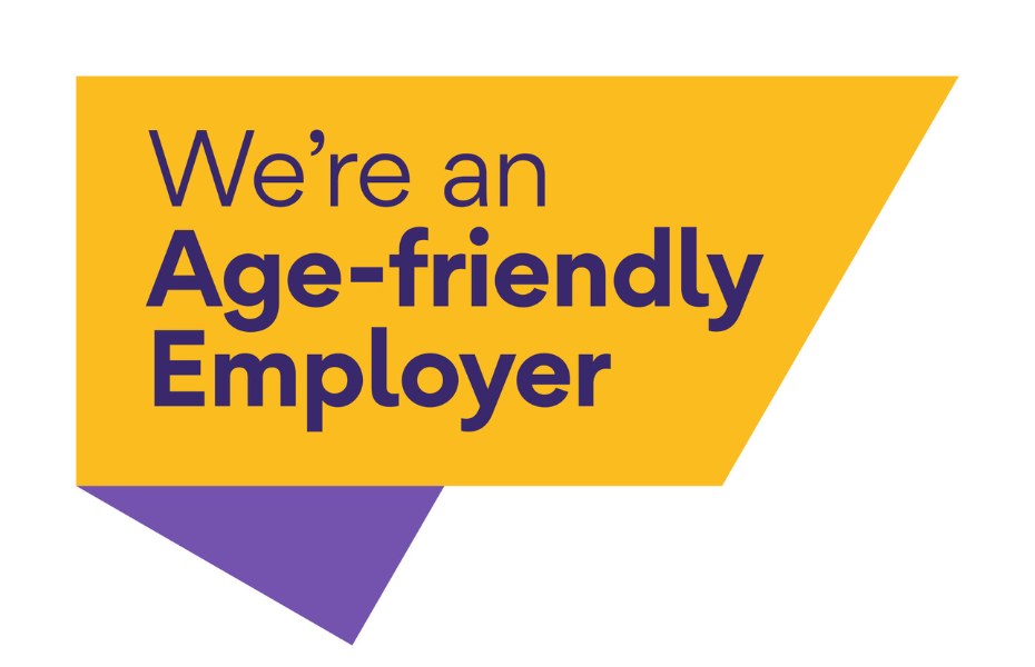 Yellow and purple graphic saying: 'We're an age friendly employer'.|Yellow and purple graphic saying: 'We're an age friendly employer'.