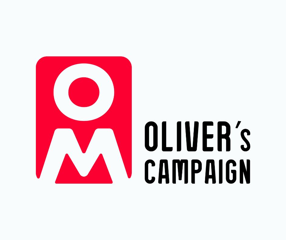 Red and white and black logo with letters O and M and words Oliver's Campaign|Black and White logo with letters