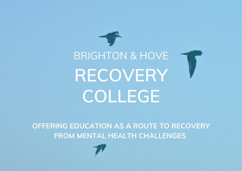 Photo of sky and three silhouted birds - text: Brighton and hove Recovery College