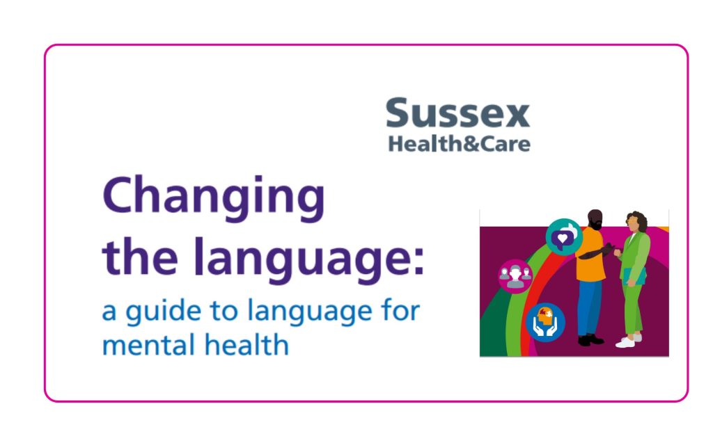 A digital banner for Sussex Health & Care titled 'Changing the language: a guide to language for mental health.' The design features a pink border