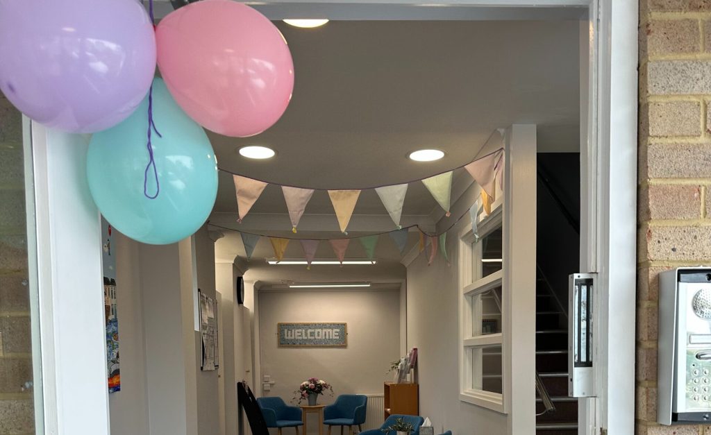 Entrance door of the refurbished Carisbrooke House decked for the event