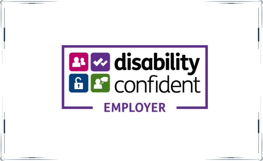 Disability Confident Employer badge featuring four coloured icons representing inclusion