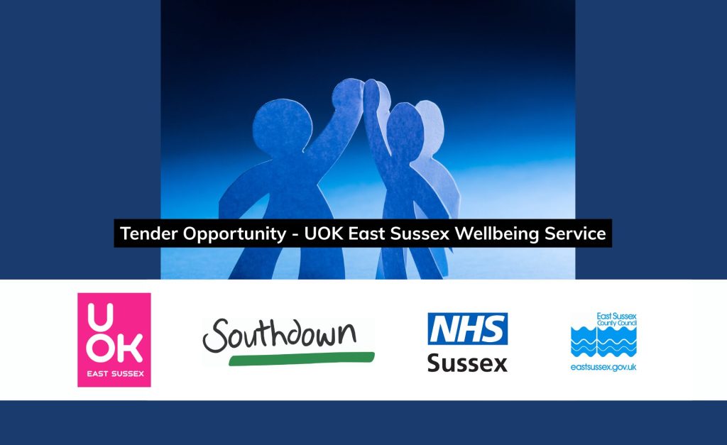 UOK East Sussex Wellbeing Service tender opportunity graphic showing paper people figures symbolising collaboration. Includes logos for Southdown